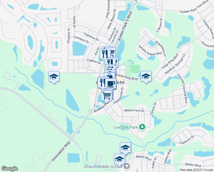 map of restaurants, bars, coffee shops, grocery stores, and more near 3742 Avalon Park East Boulevard in Orlando