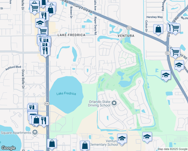 map of restaurants, bars, coffee shops, grocery stores, and more near 3235 Candle Ridge Drive in Orlando