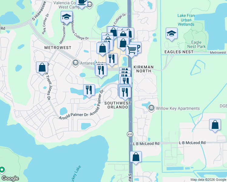 map of restaurants, bars, coffee shops, grocery stores, and more near 3087 Capri Isle Way in Orlando
