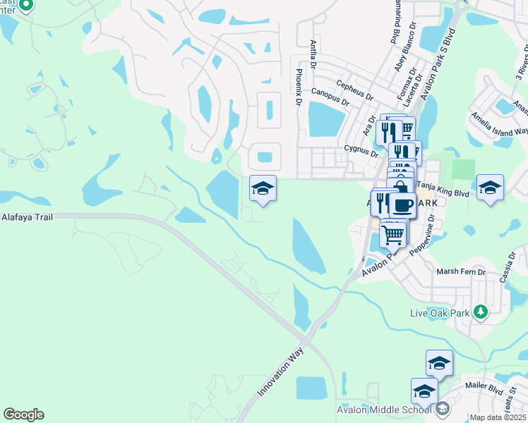 map of restaurants, bars, coffee shops, grocery stores, and more near 15200 Stoneybrook Boulevard in Orlando