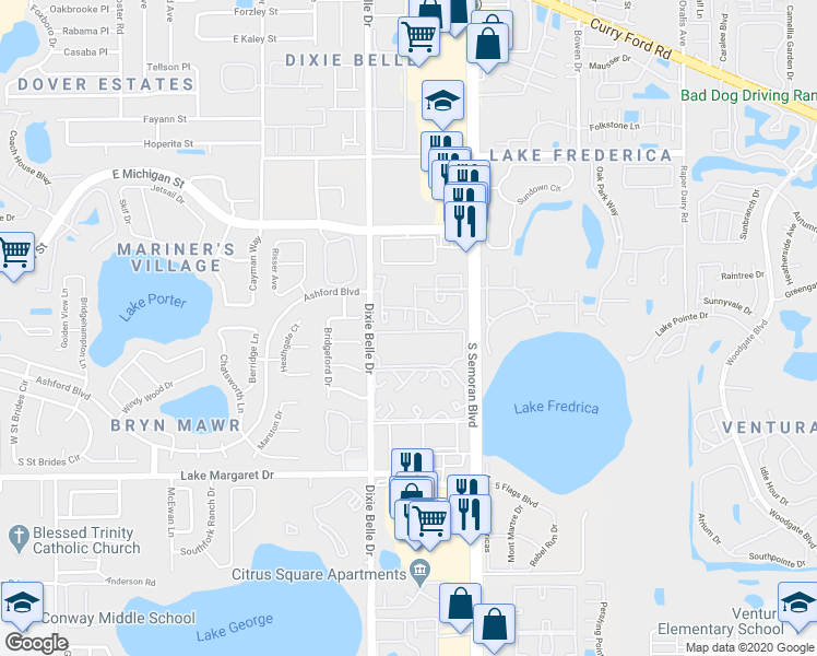 map of restaurants, bars, coffee shops, grocery stores, and more near 3280 South Semoran Boulevard in Orlando