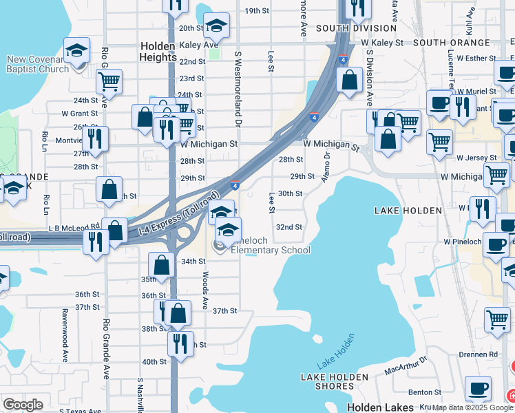 map of restaurants, bars, coffee shops, grocery stores, and more near 830 29th Street in Orlando