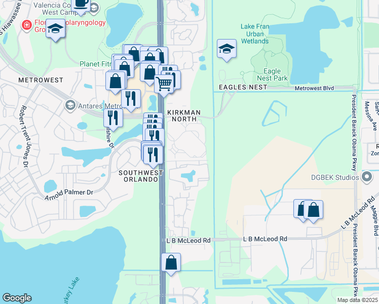 map of restaurants, bars, coffee shops, grocery stores, and more near 5518 Arnold Palmer Drive in Orlando
