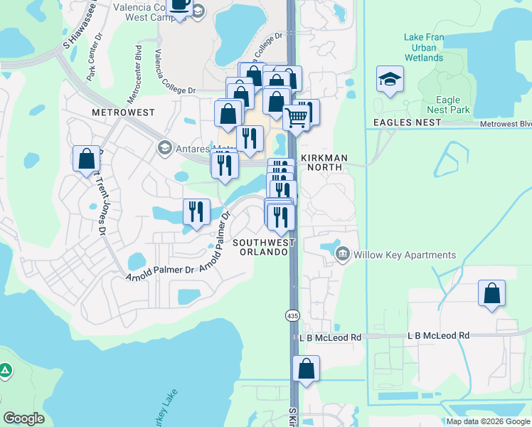 map of restaurants, bars, coffee shops, grocery stores, and more near 3282 Villa Strada Way in Orlando
