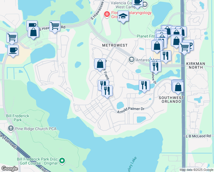 map of restaurants, bars, coffee shops, grocery stores, and more near 3049 Getty Way in Orlando