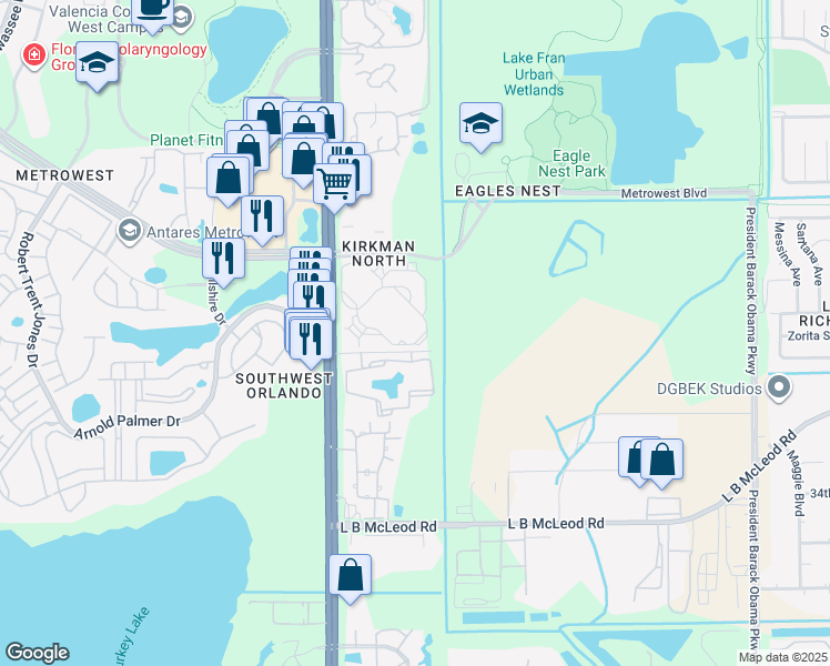 map of restaurants, bars, coffee shops, grocery stores, and more near 5518 Arnold Palmer Drive in Orlando