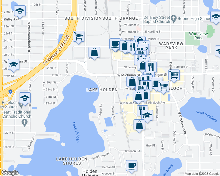 map of restaurants, bars, coffee shops, grocery stores, and more near 225 West Illiana Street in Orlando