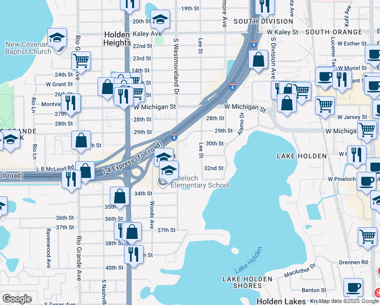 map of restaurants, bars, coffee shops, grocery stores, and more near 830 29th Street in Orlando