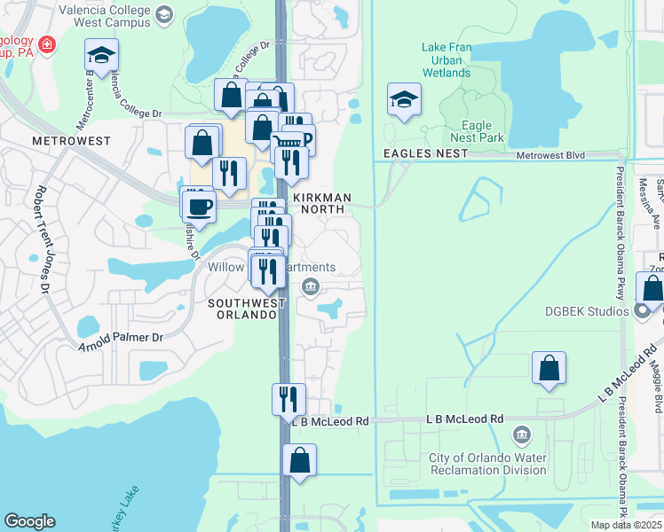 map of restaurants, bars, coffee shops, grocery stores, and more near 5518 Arnold Palmer Drive in Orlando