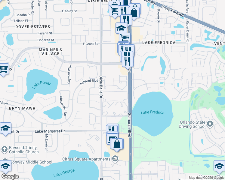 map of restaurants, bars, coffee shops, grocery stores, and more near 2936 South Semoran Boulevard in Orlando