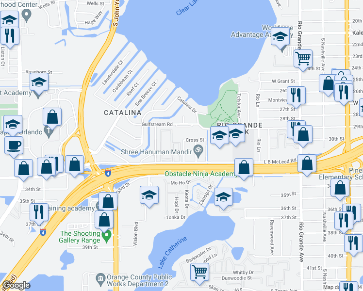 map of restaurants, bars, coffee shops, grocery stores, and more near 2769 L B McLeod Road in Orlando