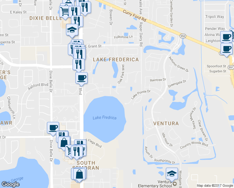 map of restaurants, bars, coffee shops, grocery stores, and more near 2936 Oak Park Way in Orlando