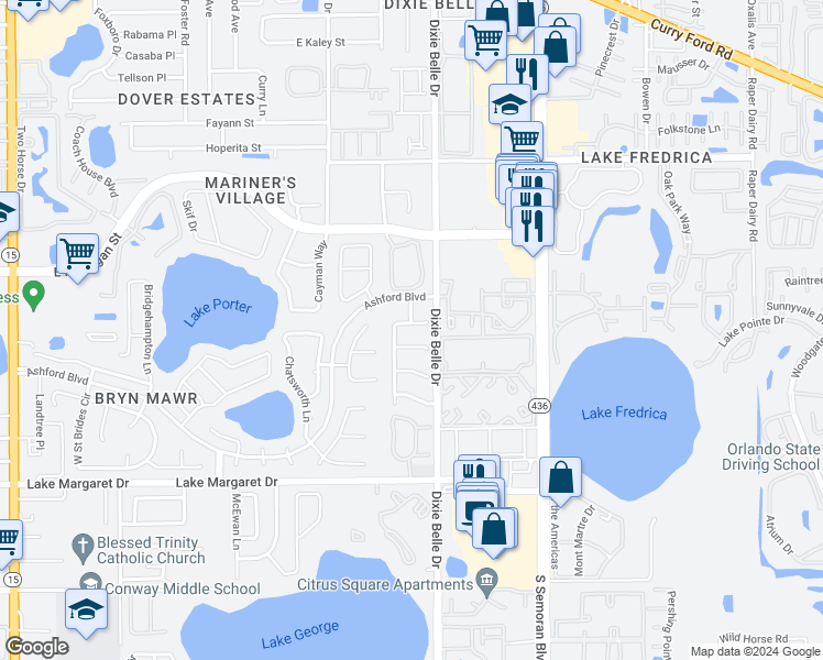 map of restaurants, bars, coffee shops, grocery stores, and more near 5429 New Haven Court in Orlando