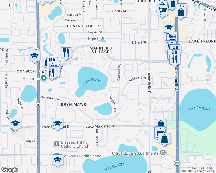 map of restaurants, bars, coffee shops, grocery stores, and more near 3060 Mystic Cove Drive in Orlando