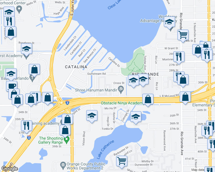 map of restaurants, bars, coffee shops, grocery stores, and more near 2849 L B McLeod Road in Orlando