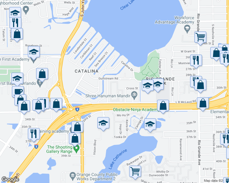 map of restaurants, bars, coffee shops, grocery stores, and more near 2849 L B McLeod Road in Orlando