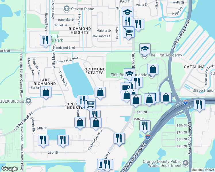 map of restaurants, bars, coffee shops, grocery stores, and more near 4213 Prince Hall Boulevard in Orlando
