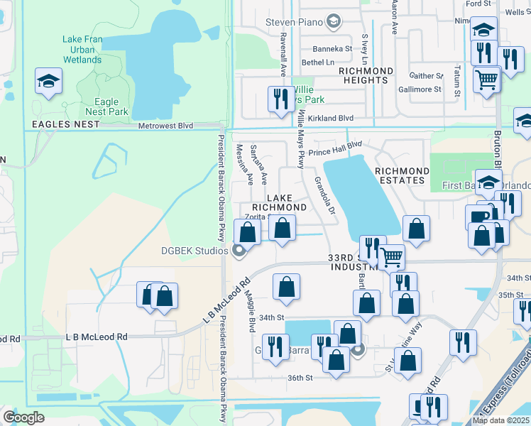 map of restaurants, bars, coffee shops, grocery stores, and more near 2900 Ravenall Avenue in Orlando