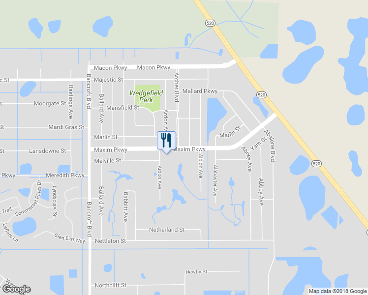map of restaurants, bars, coffee shops, grocery stores, and more near 20601 Maxim Parkway in Orlando