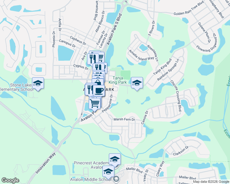 map of restaurants, bars, coffee shops, grocery stores, and more near 13051 Center Square Drive in Orlando