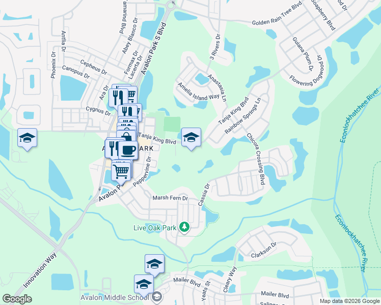 map of restaurants, bars, coffee shops, grocery stores, and more near 13500 Tanja King Boulevard in Orlando
