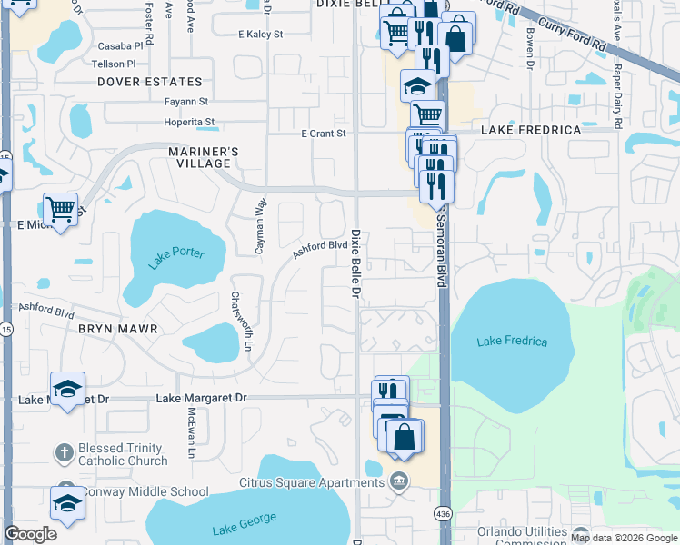 map of restaurants, bars, coffee shops, grocery stores, and more near 5429 New Haven Court in Orlando