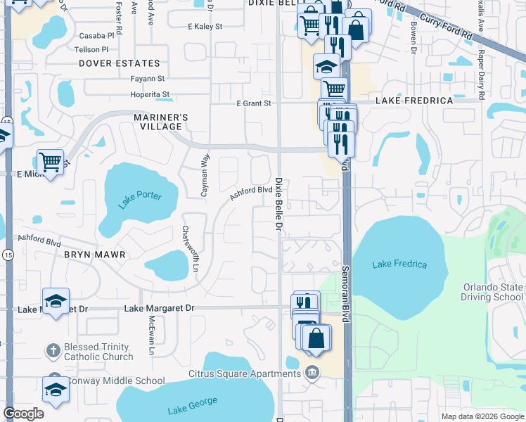 map of restaurants, bars, coffee shops, grocery stores, and more near 5429 New Haven Court in Orlando