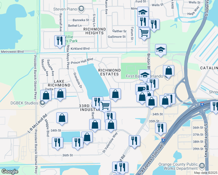 map of restaurants, bars, coffee shops, grocery stores, and more near 4269 Lake Richmond Drive in Orlando