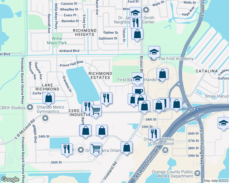 map of restaurants, bars, coffee shops, grocery stores, and more near 4213 Prince Hall Boulevard in Orlando