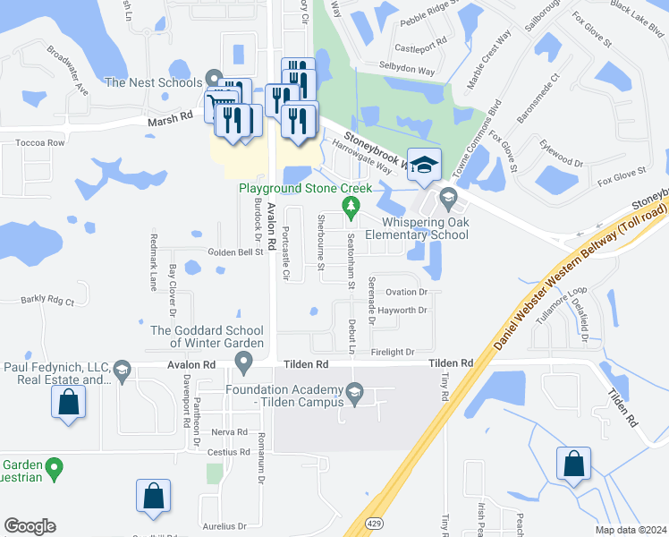 map of restaurants, bars, coffee shops, grocery stores, and more near 15324 Torpoint Road in Winter Garden