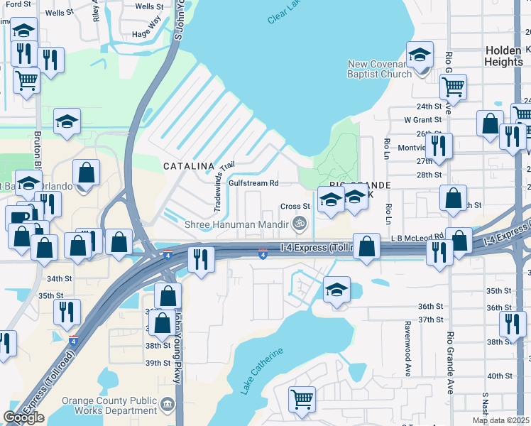 map of restaurants, bars, coffee shops, grocery stores, and more near 2849 L B McLeod Road in Orlando