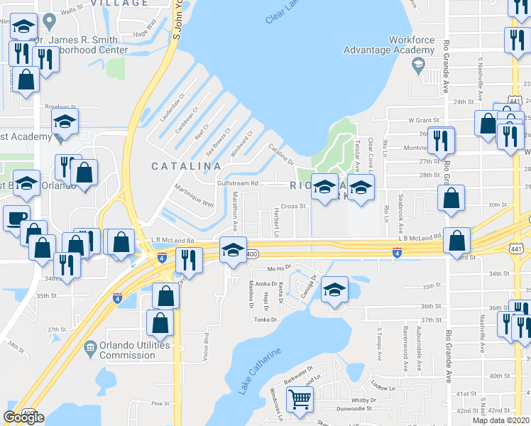map of restaurants, bars, coffee shops, grocery stores, and more near 2779 L B McLeod Road in Orlando