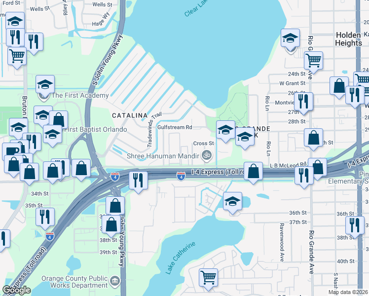 map of restaurants, bars, coffee shops, grocery stores, and more near 2849 L B McLeod Road in Orlando