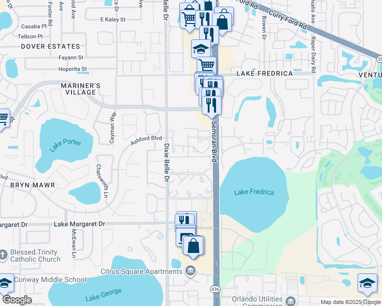 map of restaurants, bars, coffee shops, grocery stores, and more near 3030 South Semoran Boulevard in Orlando