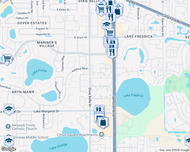 map of restaurants, bars, coffee shops, grocery stores, and more near 2936 South Semoran Boulevard in Orlando