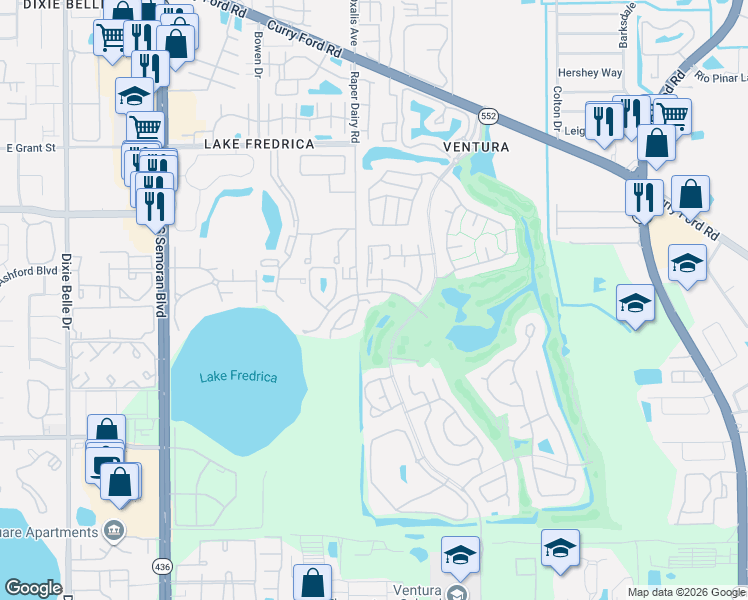 map of restaurants, bars, coffee shops, grocery stores, and more near 6112 Sunnyvale Drive in Orlando