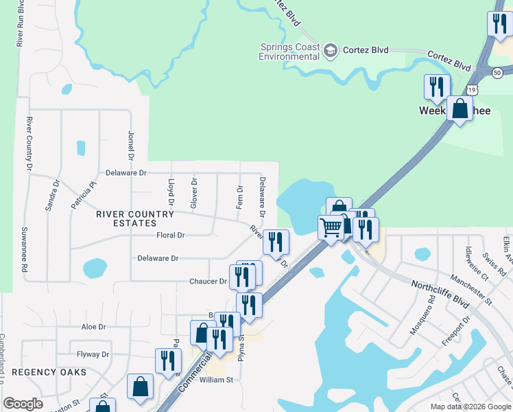 map of restaurants, bars, coffee shops, grocery stores, and more near 8236 Delaware Drive in Spring Hill