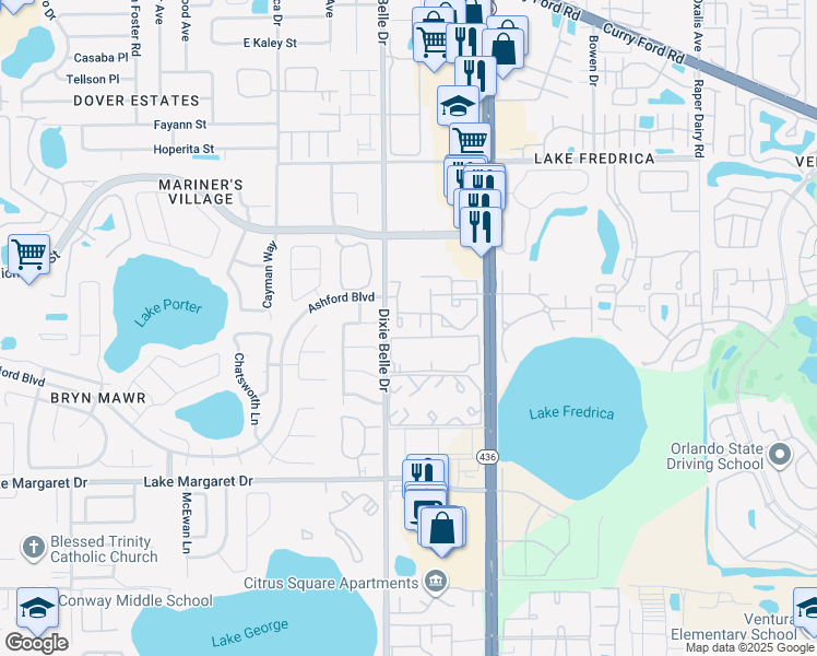 map of restaurants, bars, coffee shops, grocery stores, and more near 2936 South Semoran Boulevard in Orlando