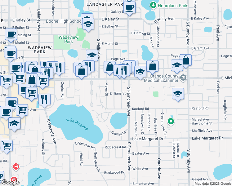 map of restaurants, bars, coffee shops, grocery stores, and more near 2721 South Brown Avenue in Orlando