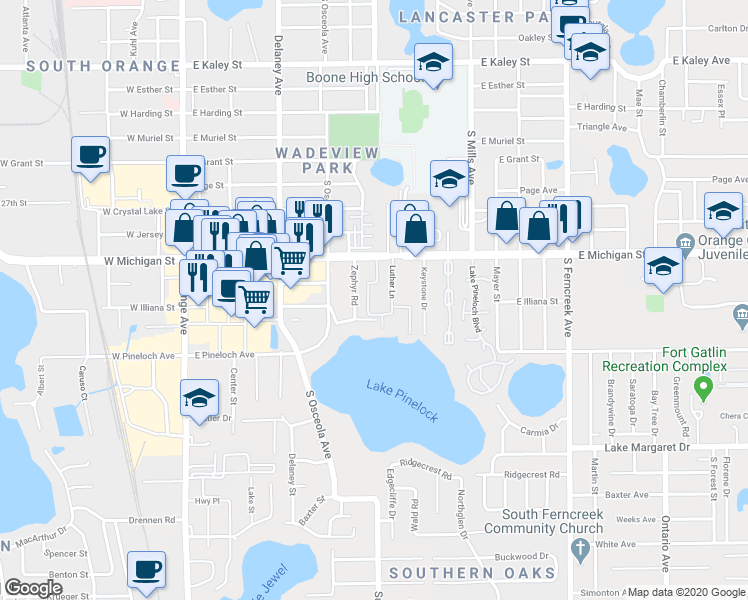 map of restaurants, bars, coffee shops, grocery stores, and more near 800 East Michigan Street in Orlando