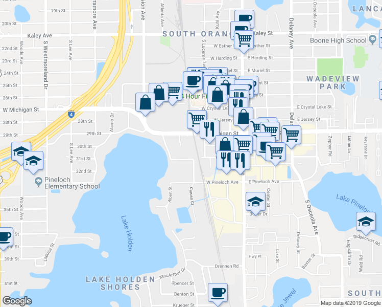 map of restaurants, bars, coffee shops, grocery stores, and more near 200 West Michigan Street in Orlando