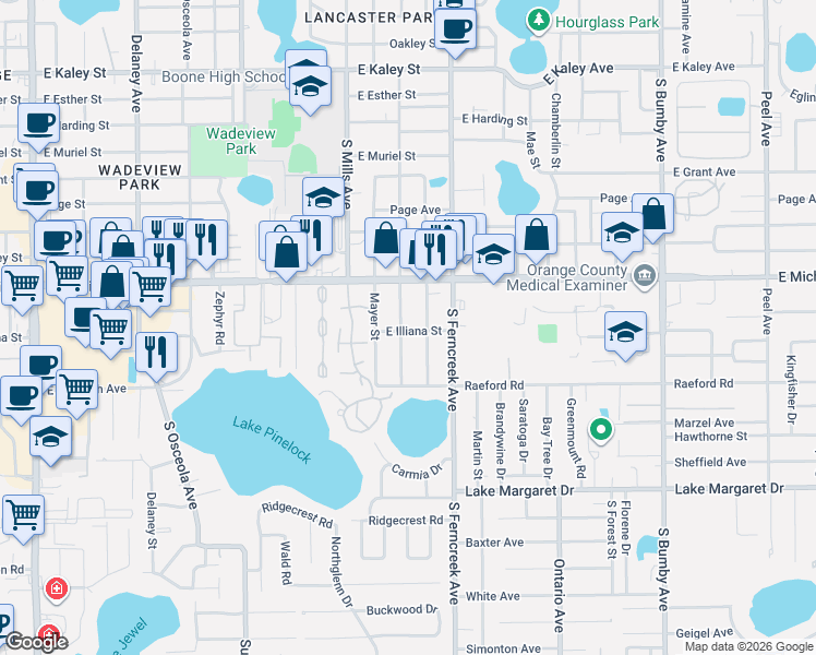 map of restaurants, bars, coffee shops, grocery stores, and more near 2721 South Brown Avenue in Orlando