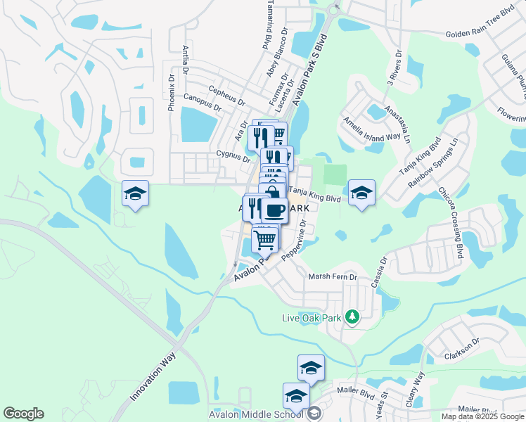 map of restaurants, bars, coffee shops, grocery stores, and more near 3662 Avalon Park South Boulevard in Orlando