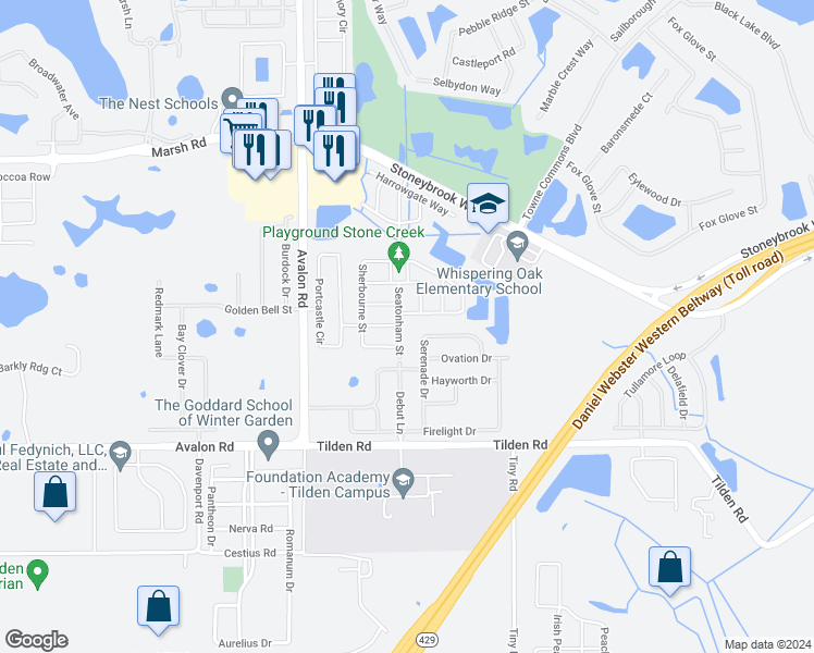 map of restaurants, bars, coffee shops, grocery stores, and more near 1903 Seatonham Street in Winter Garden