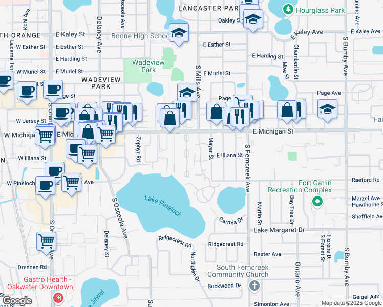 map of restaurants, bars, coffee shops, grocery stores, and more near 1068 East Michigan Street in Orlando