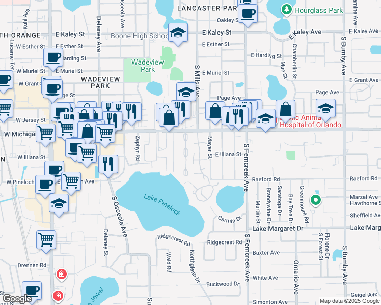 map of restaurants, bars, coffee shops, grocery stores, and more near 1068 East Michigan Street in Orlando