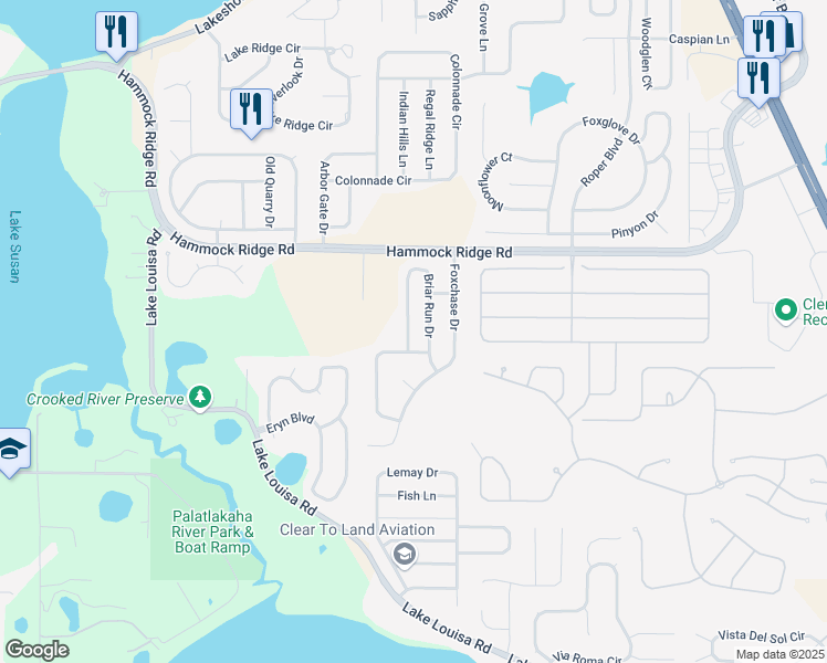 map of restaurants, bars, coffee shops, grocery stores, and more near 3731 Briar Run Drive in Clermont
