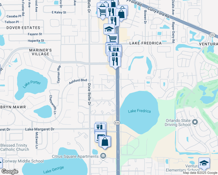map of restaurants, bars, coffee shops, grocery stores, and more near 3030 South Semoran Boulevard in Orlando