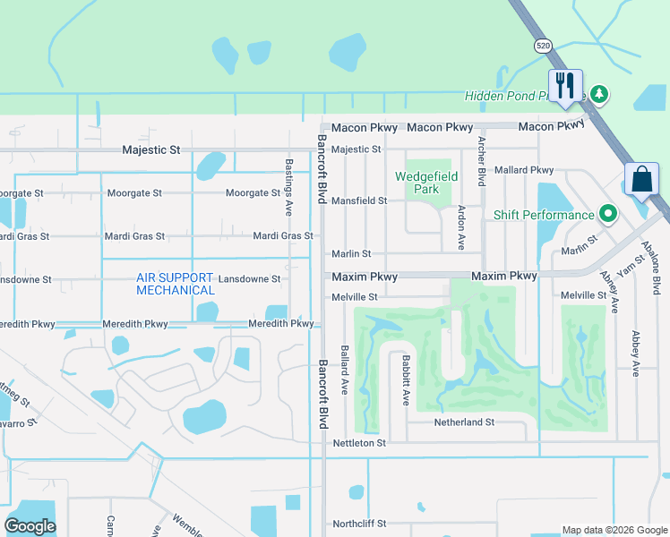 map of restaurants, bars, coffee shops, grocery stores, and more near 20130 Marlin Street in Orlando