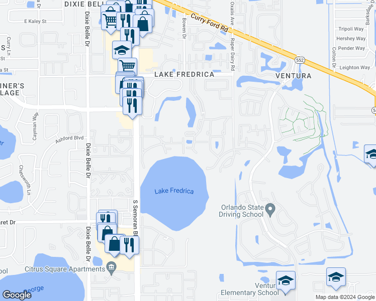 map of restaurants, bars, coffee shops, grocery stores, and more near 2936 Oak Park Way in Orlando